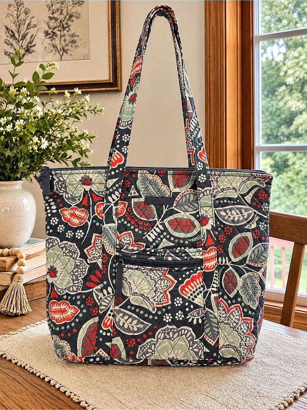 Vera Bradley Iconic Vera Tote Floral Blue & Red